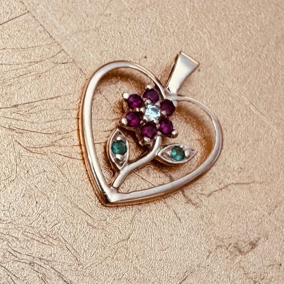 10K Yellow Gold Open Heart Pendant with Flower Design Ruby Emerald Diamond - Picture 3 of 4